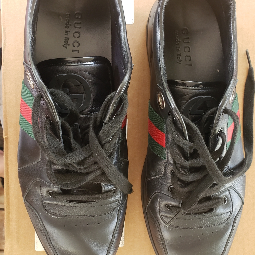 Gucci Black Leather Sneakers with Green and Red Accents